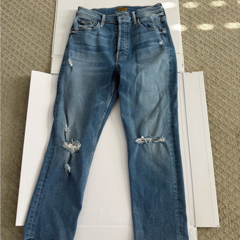 MOTHER Women's Straight Leg Distressed Blue Jeans